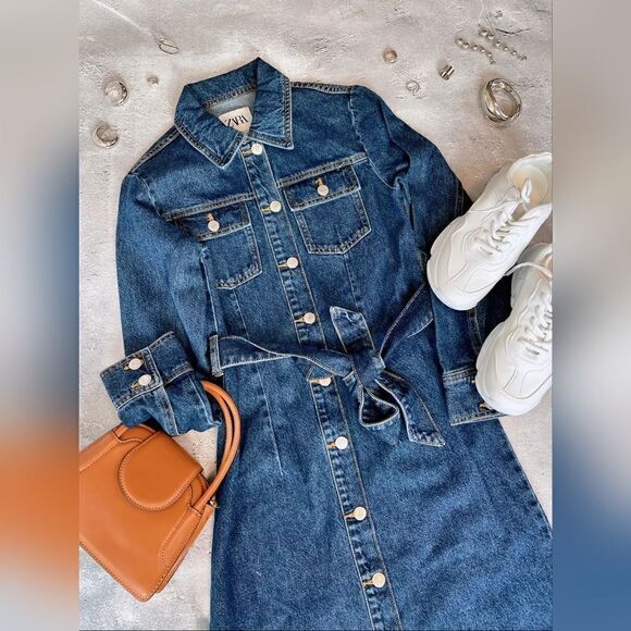 ZARA DENIM MIDI DRESS - Picture 1 of 15